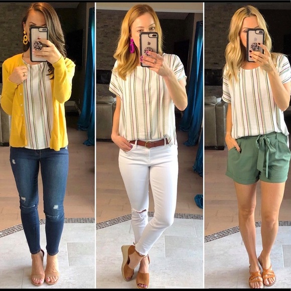 Staccato Cap Sleeve Button Back Top 💗 White & Multi Stripes - Picture 4 of 16